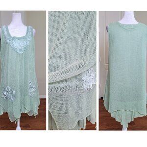 Pretty Angel Tunic Dress L Green Mesh Lace Embroidery Whimsycore Romantic Boho